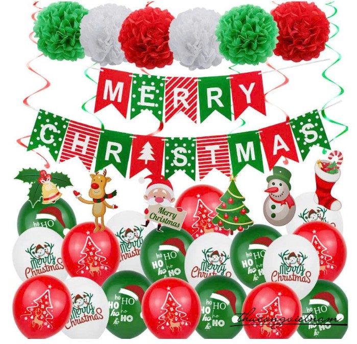 Set trang trí Giáng Sinh gồm bong bóng, dây treo, dây chữ, pompom