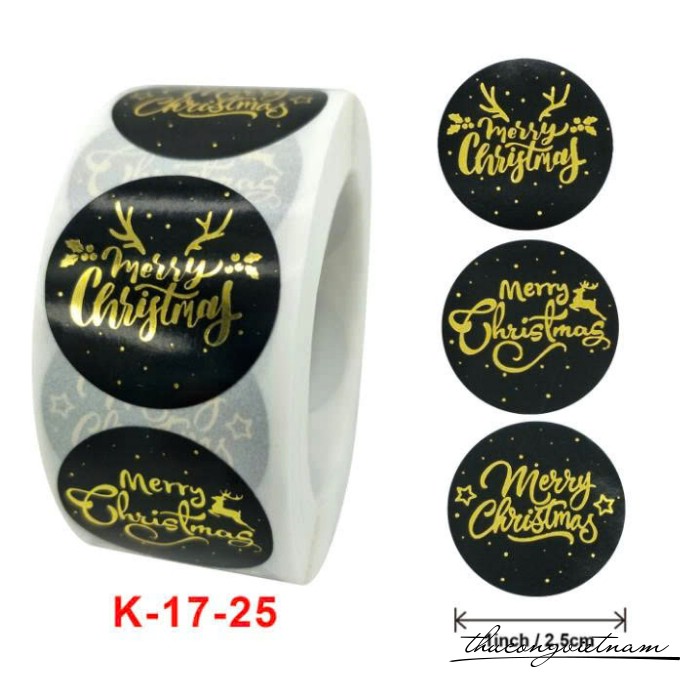 Sticker tròn Giáng Sinh nhũ ánh kim (500 tem) - Merry Christmas đen
