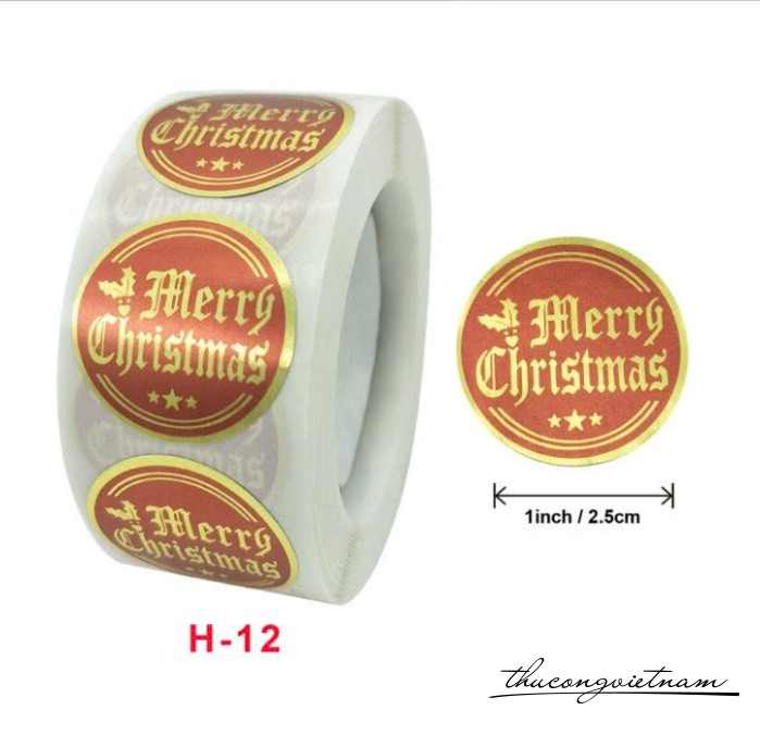 Sticker tròn Giáng Sinh nhũ ánh kim (500 tem) - Merry Christmas đỏ