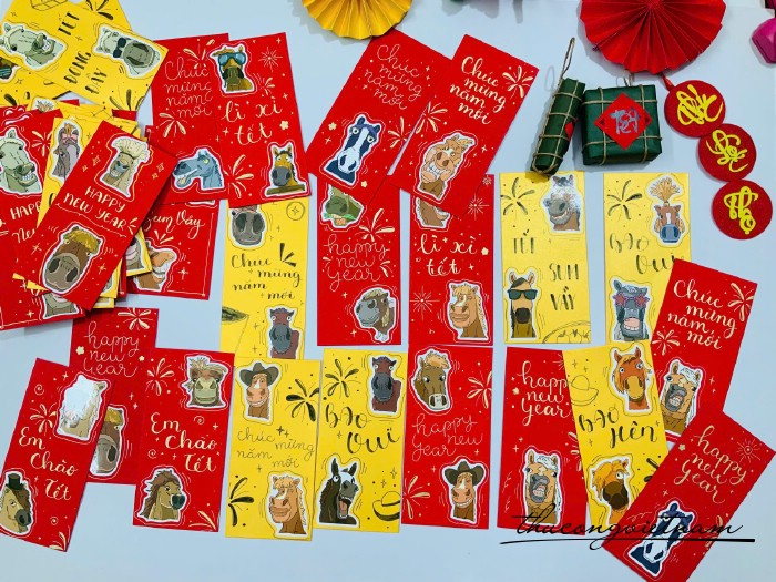 Set 2 bao lì xì handmade Bính Ngọ viết tay