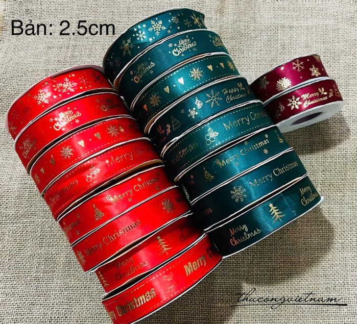 Ruy băng Giáng Sinh xanh, đỏ nhiều mẫu (bản 2.5cm)