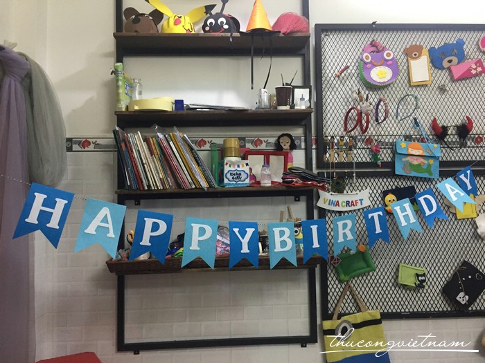 Dây treo Happy birthday vải nỉ màu xanh dương